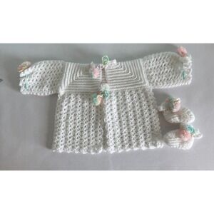 BABY SWEATER SET Handmade Knitted White Sweater Booties White 3-6 months
